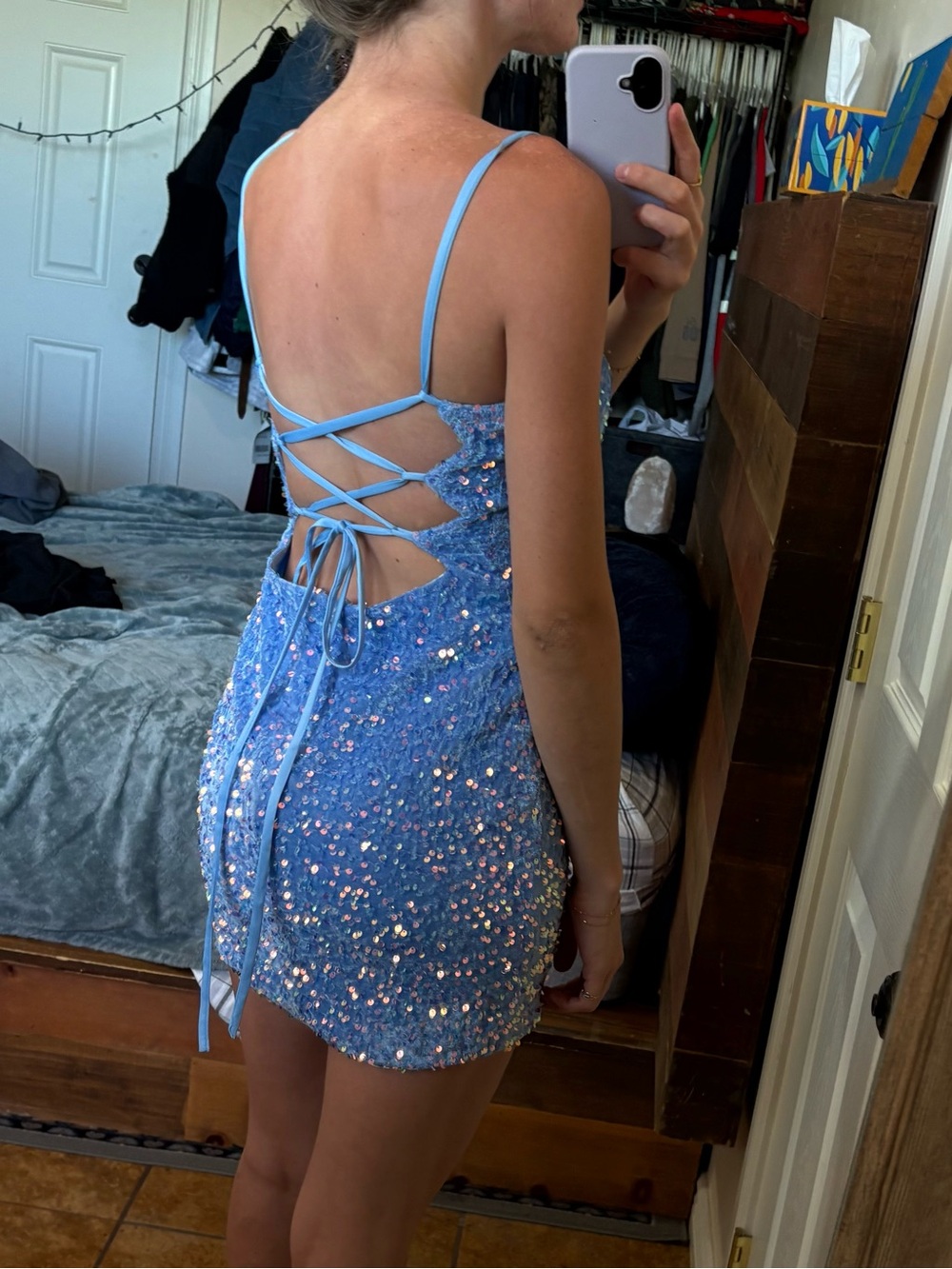 Light Blue Sequin Lace-Up Back Mini Dress
